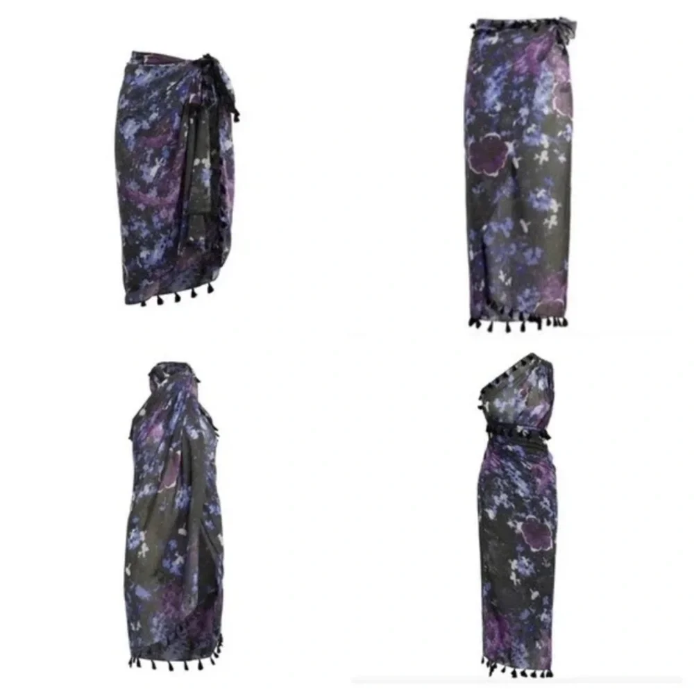 Peter Som Dream Floral Print beach fringe Sarong in Meteorite Black Blue